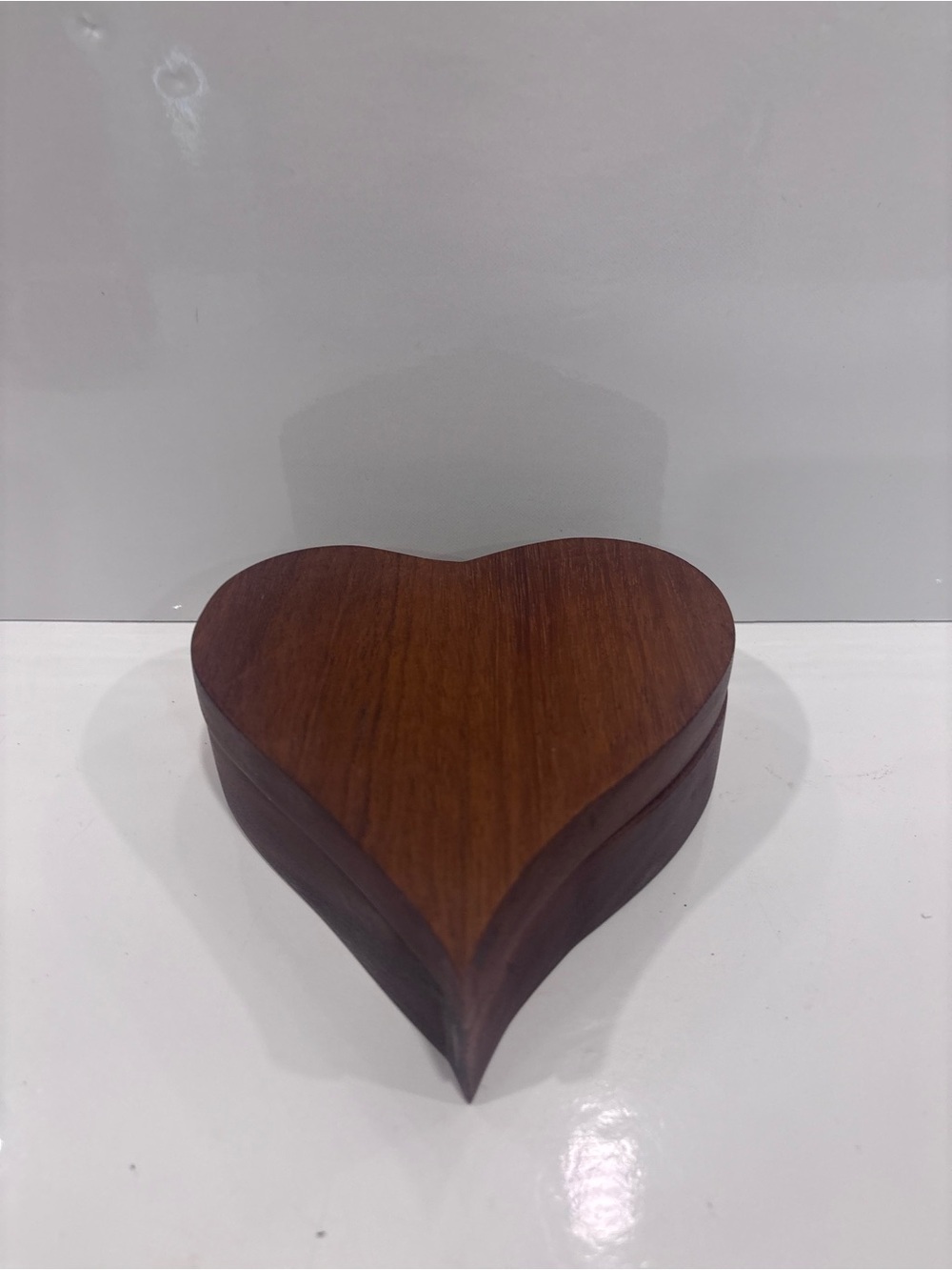 Vintage handcrafted solid wood heart shaped trinket jewellery box red felt lined